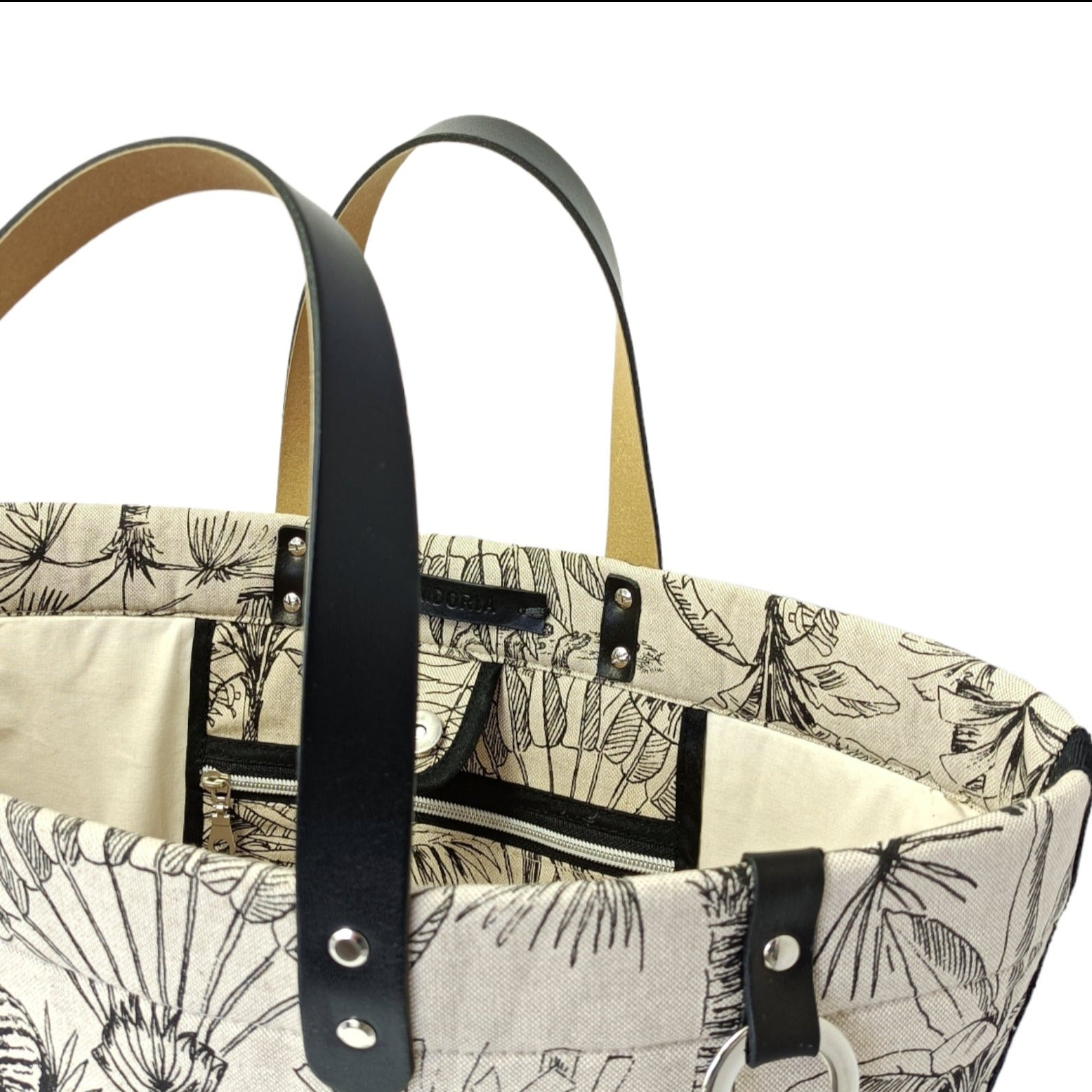 Sac à main panier en toile de lin imprimé, anses en cuir tannée-Sacs à main- besace-brief-case-cabas-EMDORIA PARIS