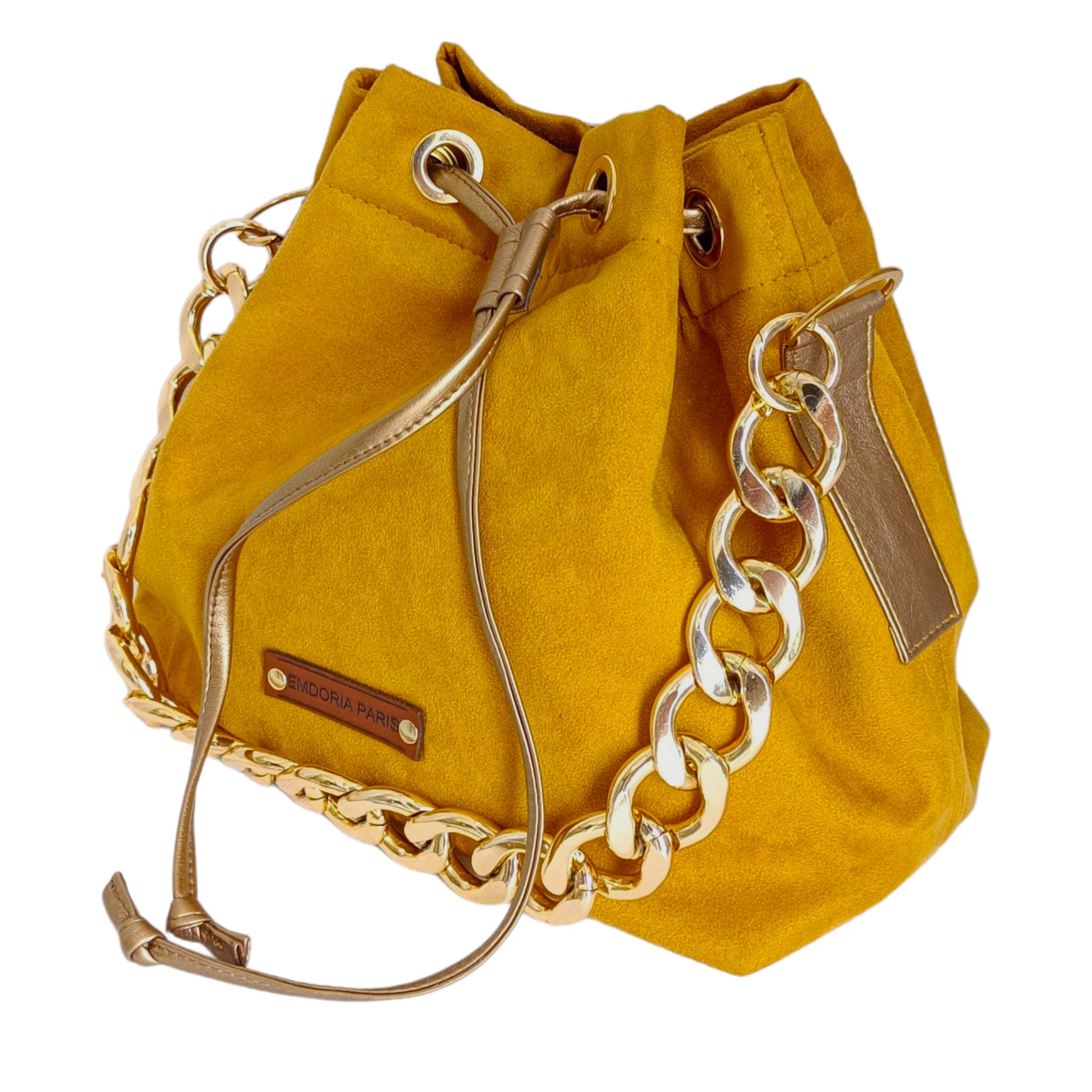 Sac à main style seau en suédine avec anses en chaine metal-- grand sac-Nouveauté-sac-EMDORIA PARIS