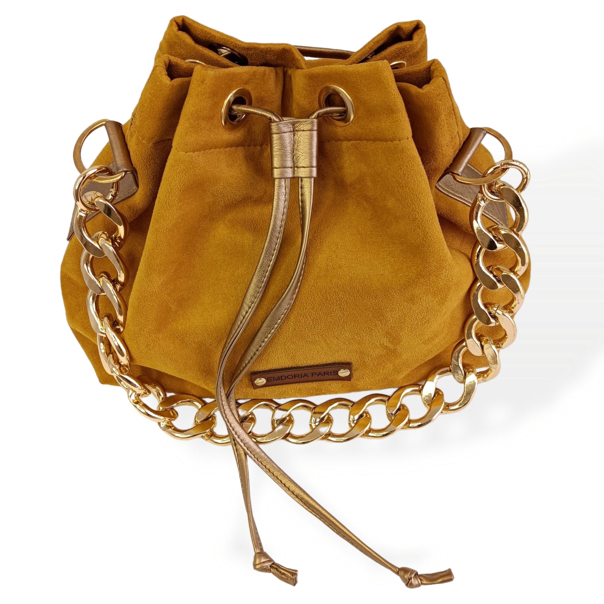 Sac à main style seau en suédine avec anses en chaine metal-- grand sac-Nouveauté-sac-EMDORIA PARIS