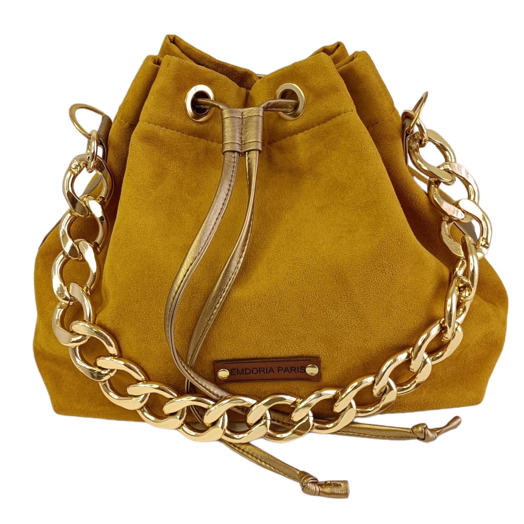 Sac à main style seau en suédine avec anses en chaine metal-- grand sac-Nouveauté-sac-EMDORIA PARIS