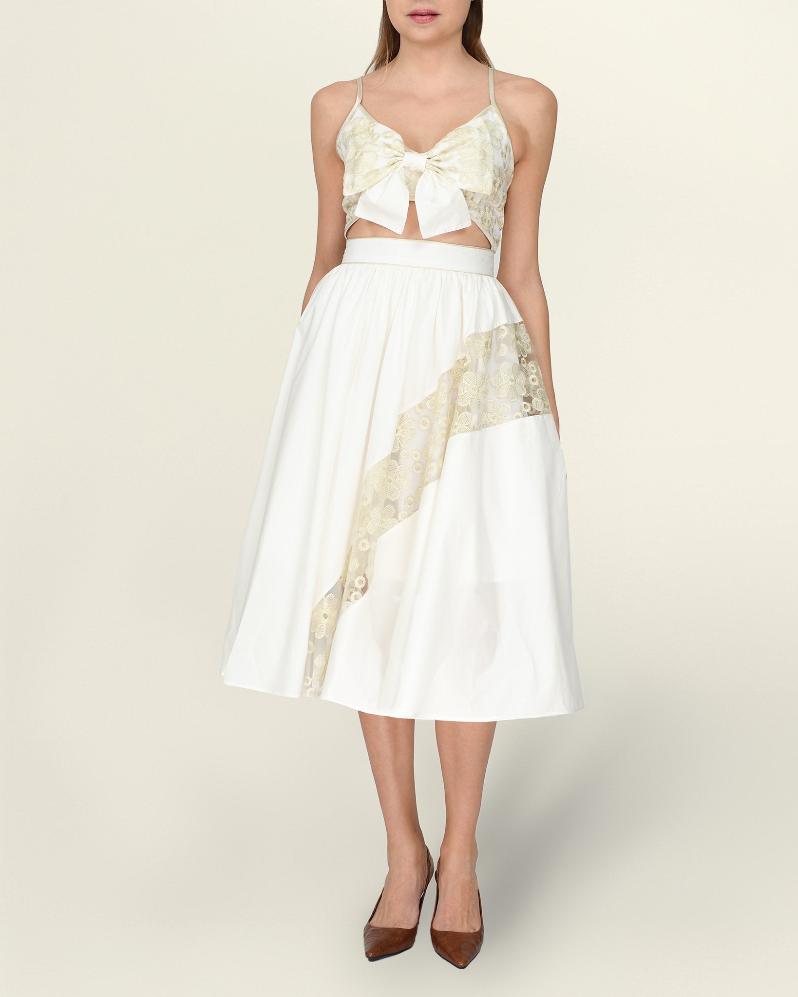 Robe longueur midi en popeline de coton à bustier et broderie dorée-Robes- Cotton-Dress-popeline-EMDORIA PARIS