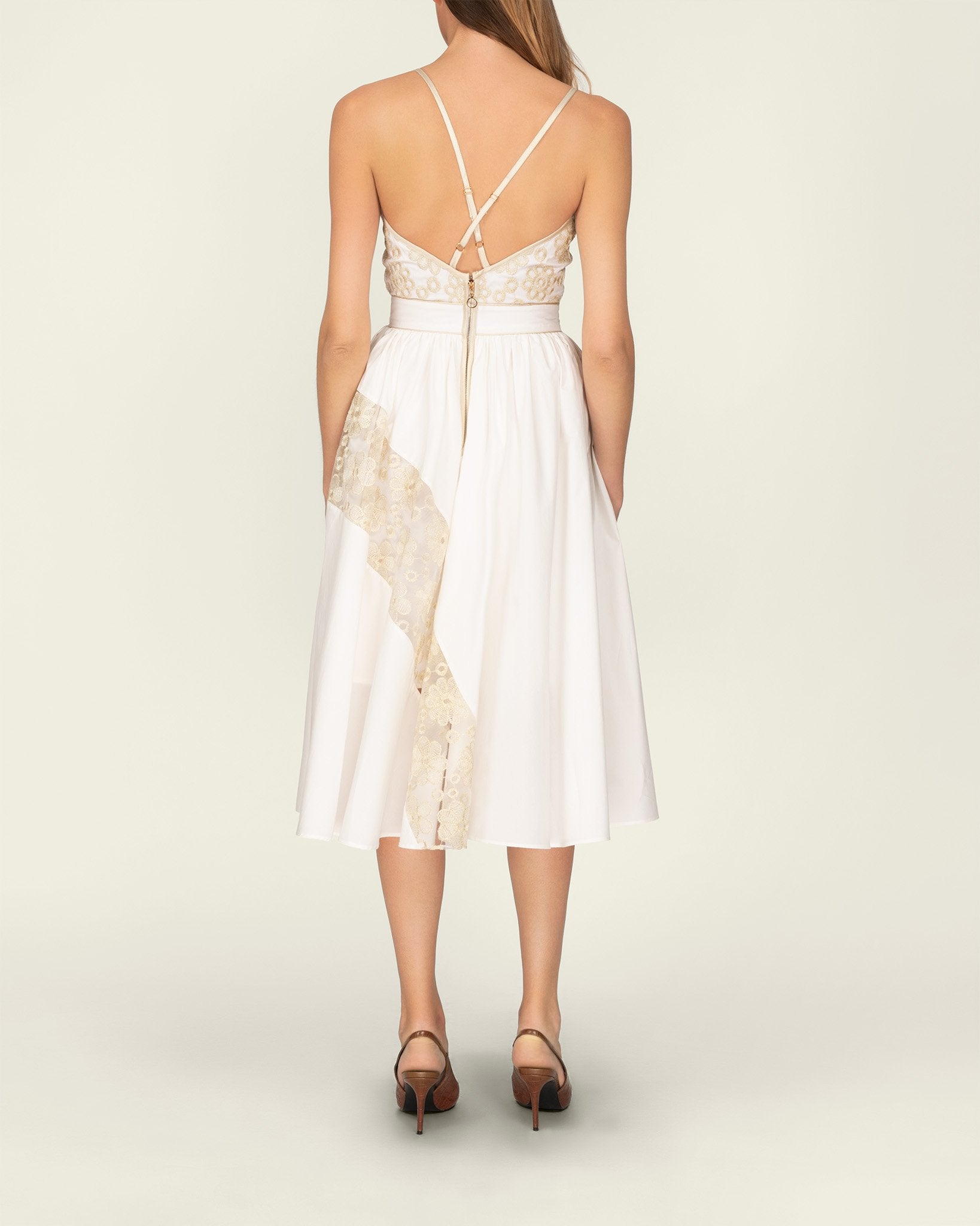 Robe longueur midi en popeline de coton à bustier et broderie dorée-Robes- Cotton-Dress-popeline-EMDORIA PARIS