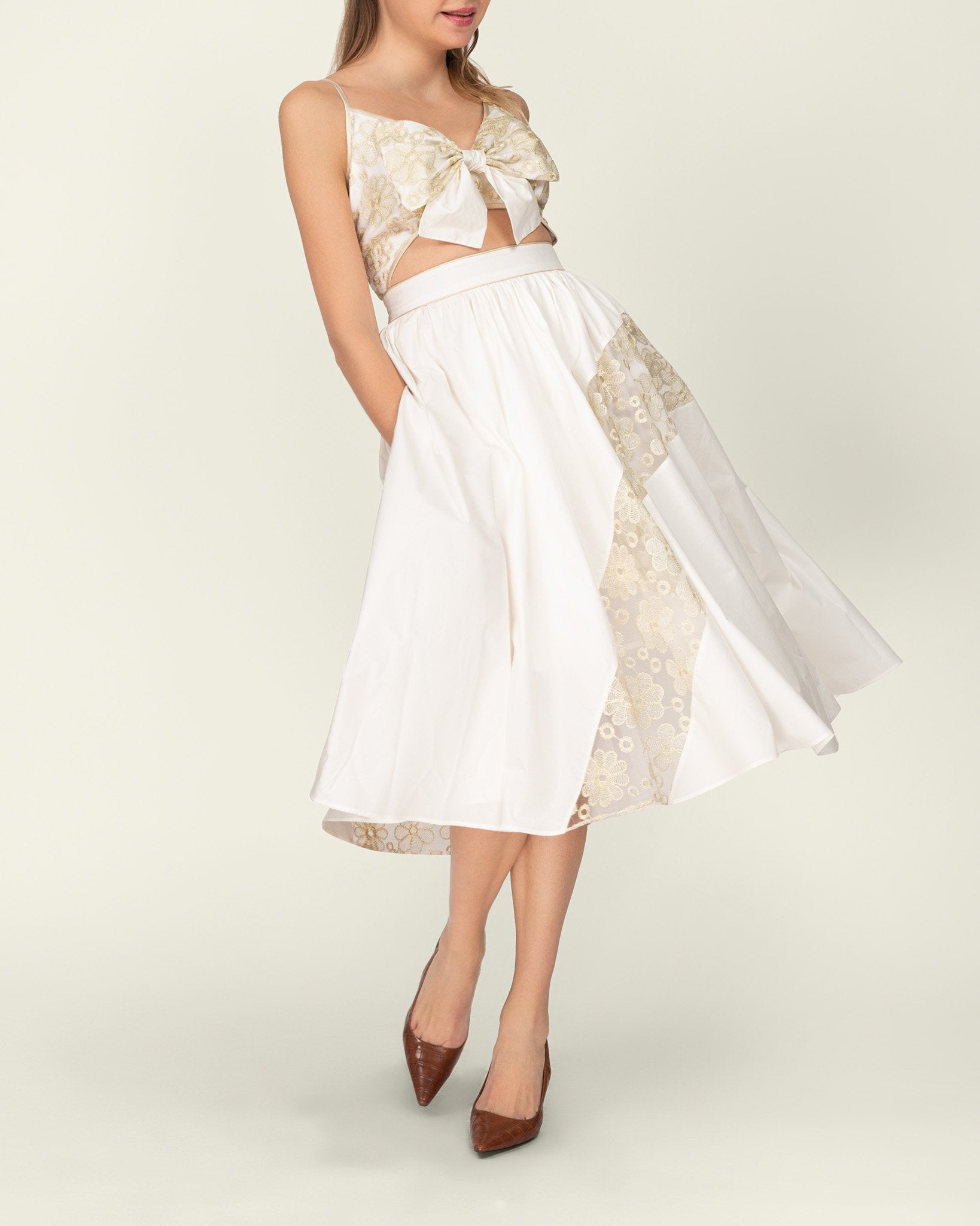 Robe longueur midi en popeline de coton à bustier et broderie dorée-Robes- Cotton-Dress-popeline-EMDORIA PARIS