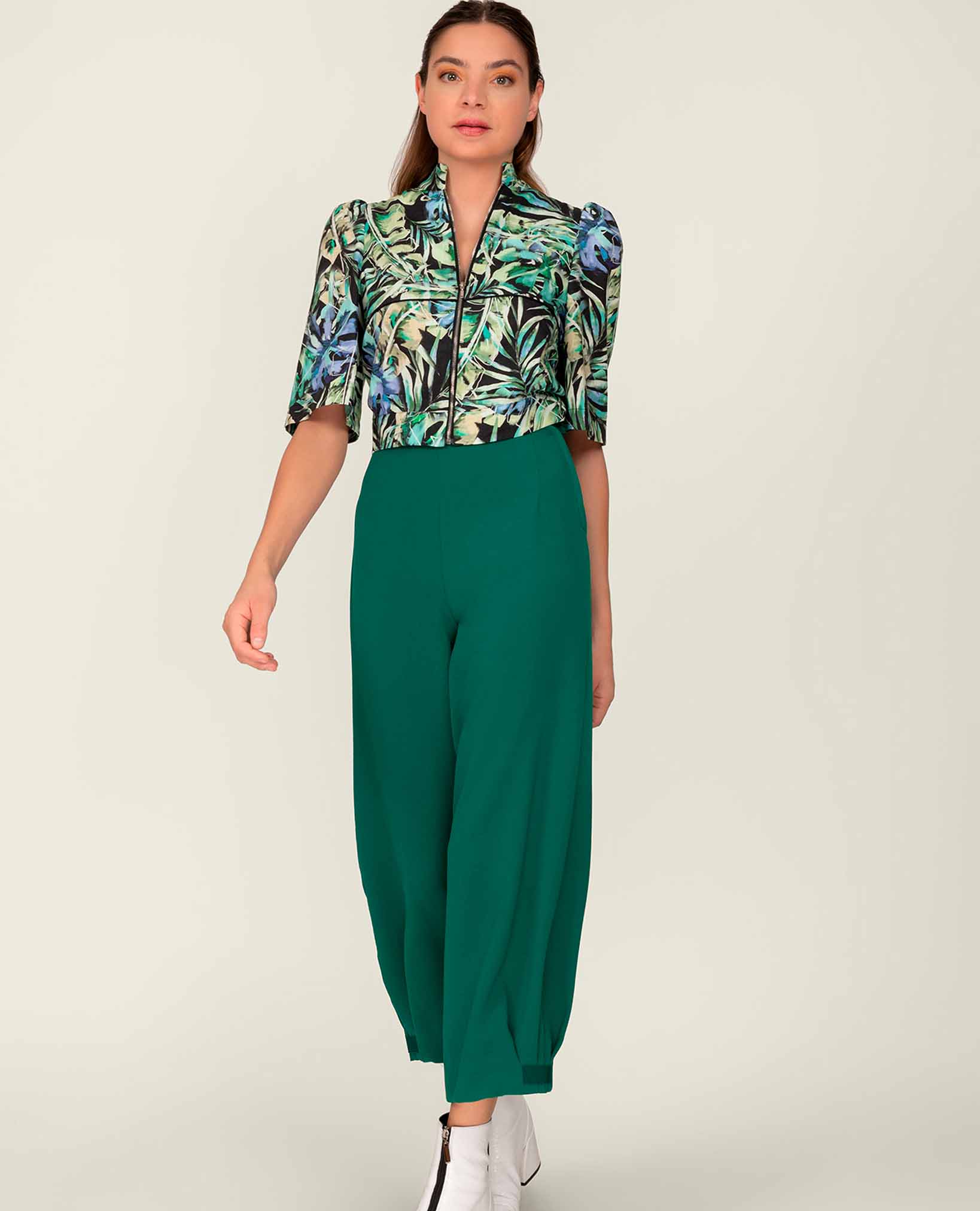 Haut style Blouse à manches bouffantes avec Zip en Viscose imprimée tropical-Hauts- Blouse-blouse femme-chemise-EMDORIA PARIS