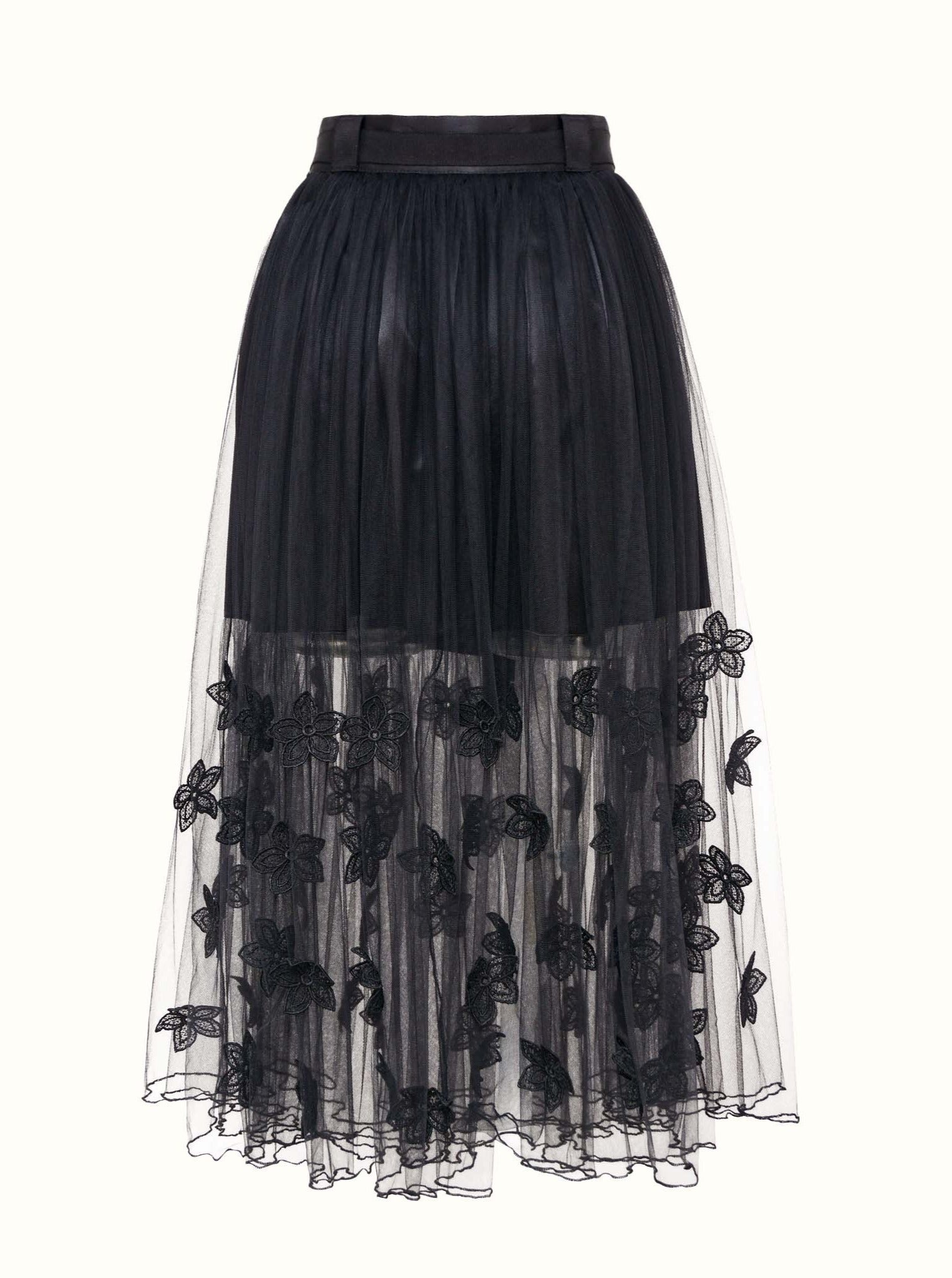 Jupe Longueur Midi en Tulle Couture avec Fleurs en Dentelle Brodées-Jupe artisanale-jupe brodée-EMDORIA PARIS
