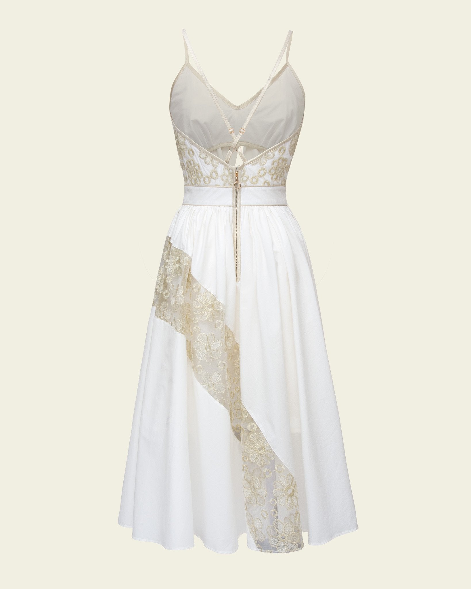 Robe longueur midi en popeline de coton à bustier et broderie dorée-Robes- Cotton-Dress-popeline-EMDORIA PARIS