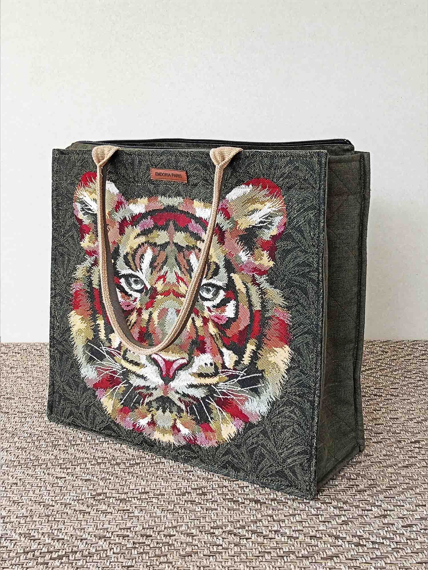 Sac à main cabas grande taille en lin enduit et jacquard imperméable - Sacs à main - bag - cabas - cabas en lin - EMDORIA PARIS