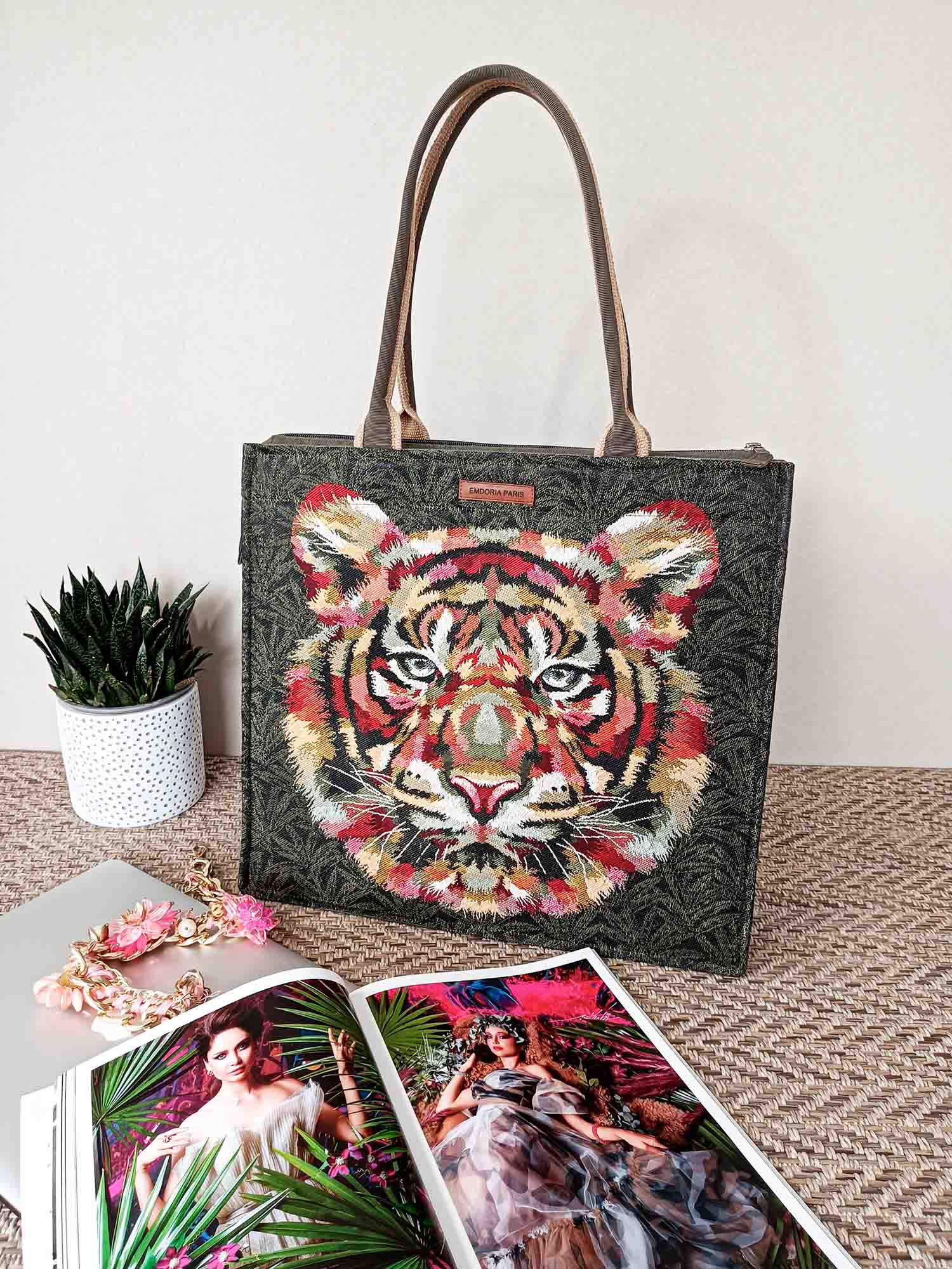 Sac à main cabas grande taille en lin enduit et jacquard imperméable - Sacs à main - bag - cabas - cabas en lin - EMDORIA PARIS