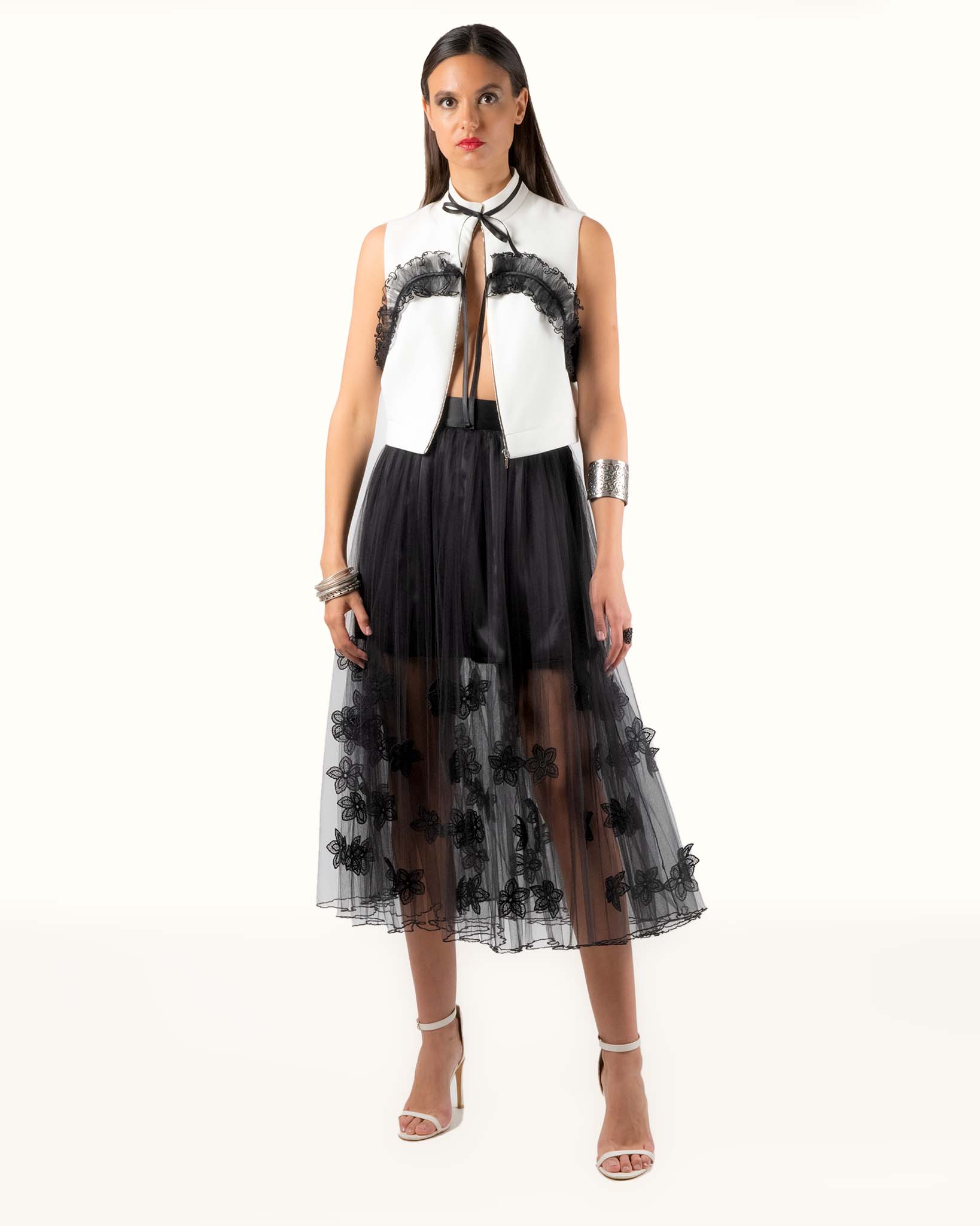 Top Aora-Blouse en crêpe et volant en tulle pour-Femme-Hauts- Chemise Haute couture-EMDORIA PARIS