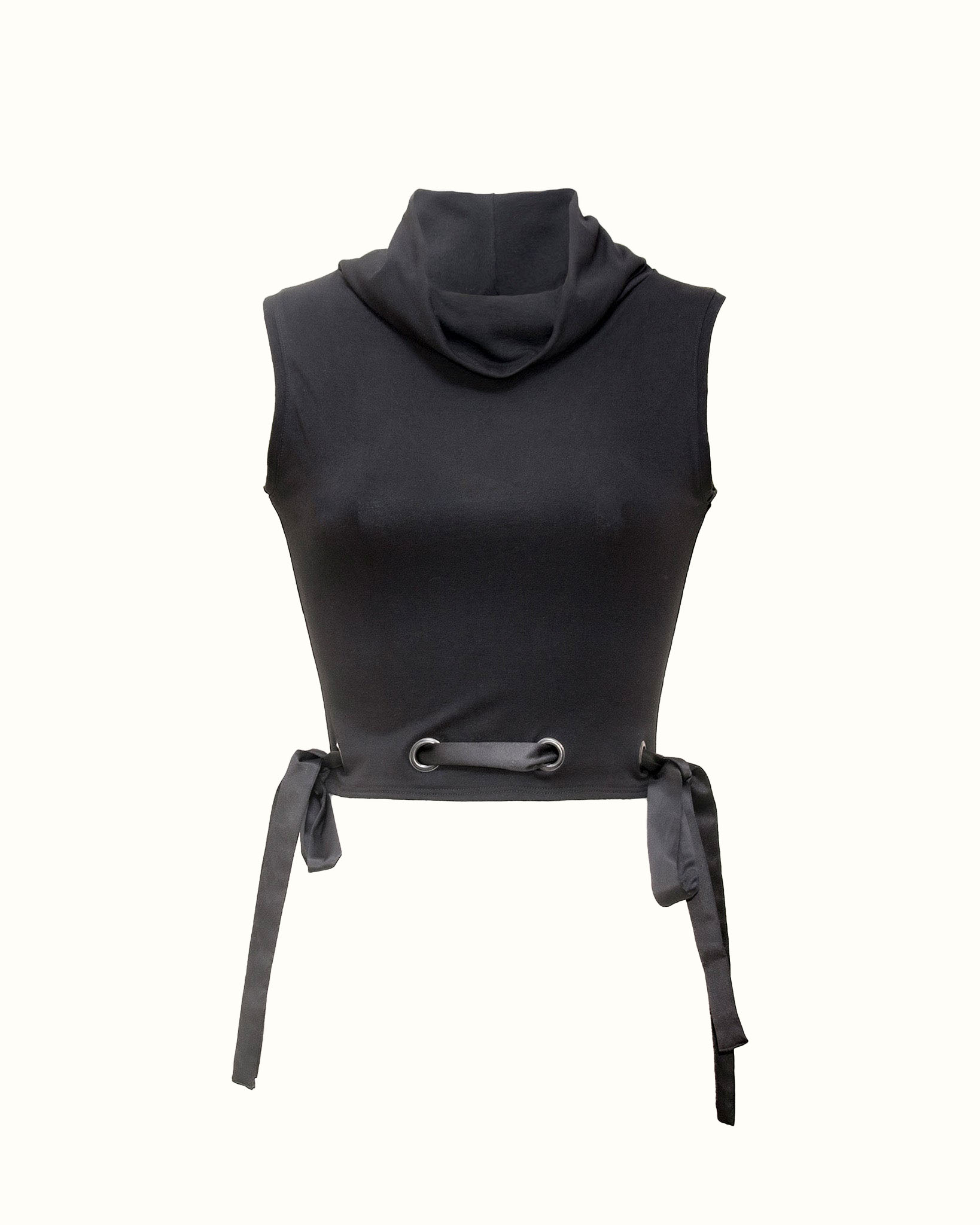 Haut Noir en jersey à col montant Haut avec cordon en satin-Hauts Crop Top- T-shirt noir-EMDORIA PARIS