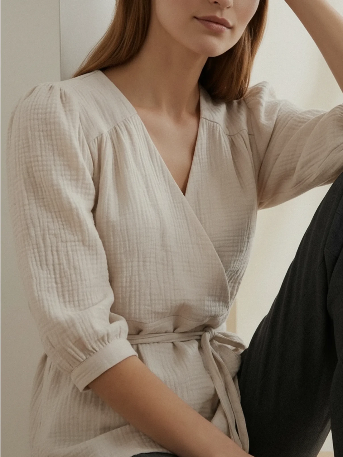 Blouse Cache - Cœur en Gaze de Coton Organique - Hauts - beige - Blouse - blouse beige - EMDORIA PARIS