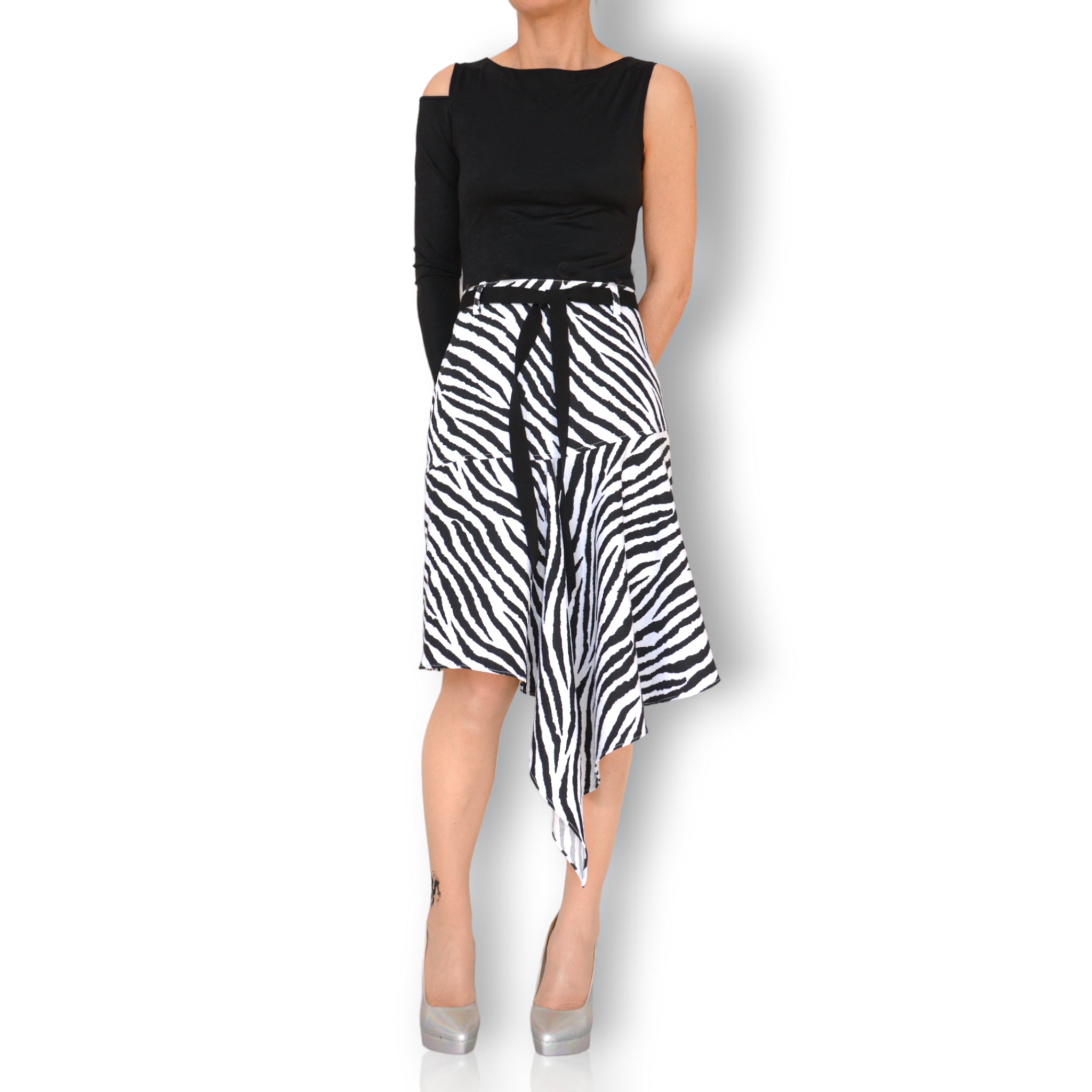 Jupe drapé en piquet de coton imprimé animalier zèbre-Jupes- belle jupe-jupe artisanale-Jupe asymétrique-EMDORIA PARIS