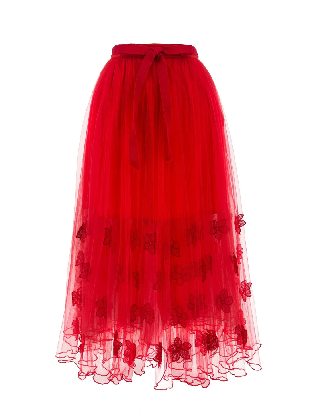 Jupe en Tulle Rouge à Broderies de Fleurs et Ceinture - Jupes - 36 - 38 - 40 - EMDORIA PARIS