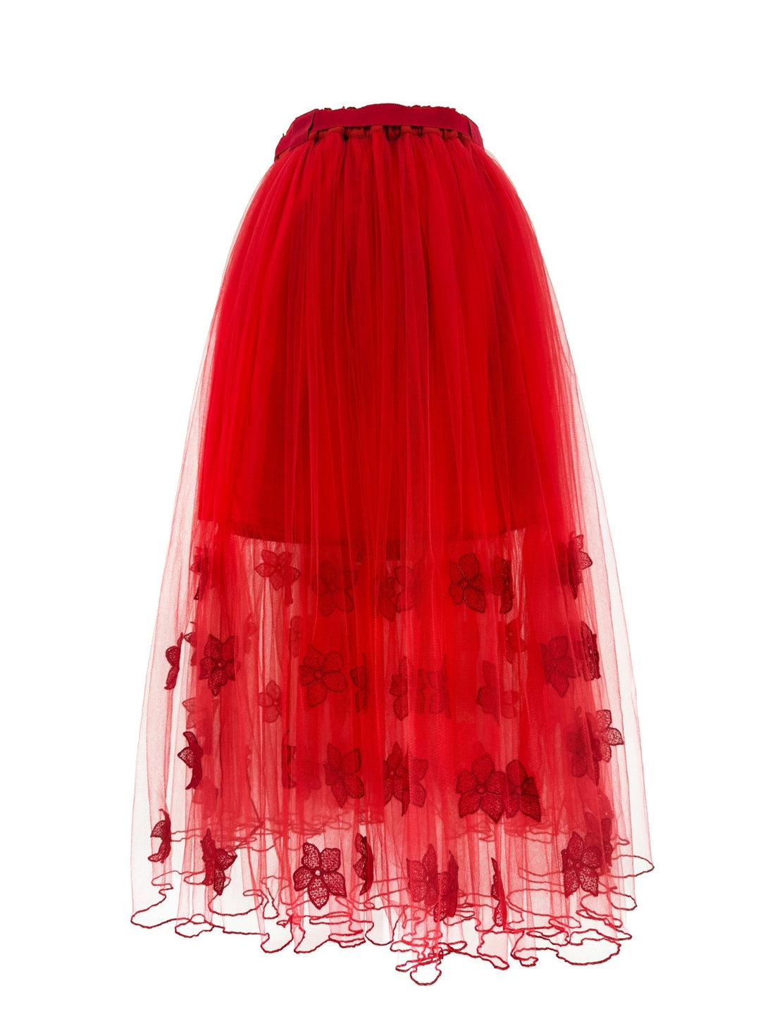 Jupe en Tulle Rouge à Broderies de Fleurs et Ceinture - Jupes - 36 - 38 - 40 - EMDORIA PARIS