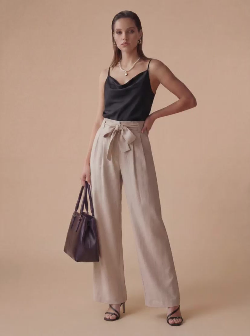 Pantalon large lin lavé beige naturel– coupe fluide femme-EMDORIA Paris