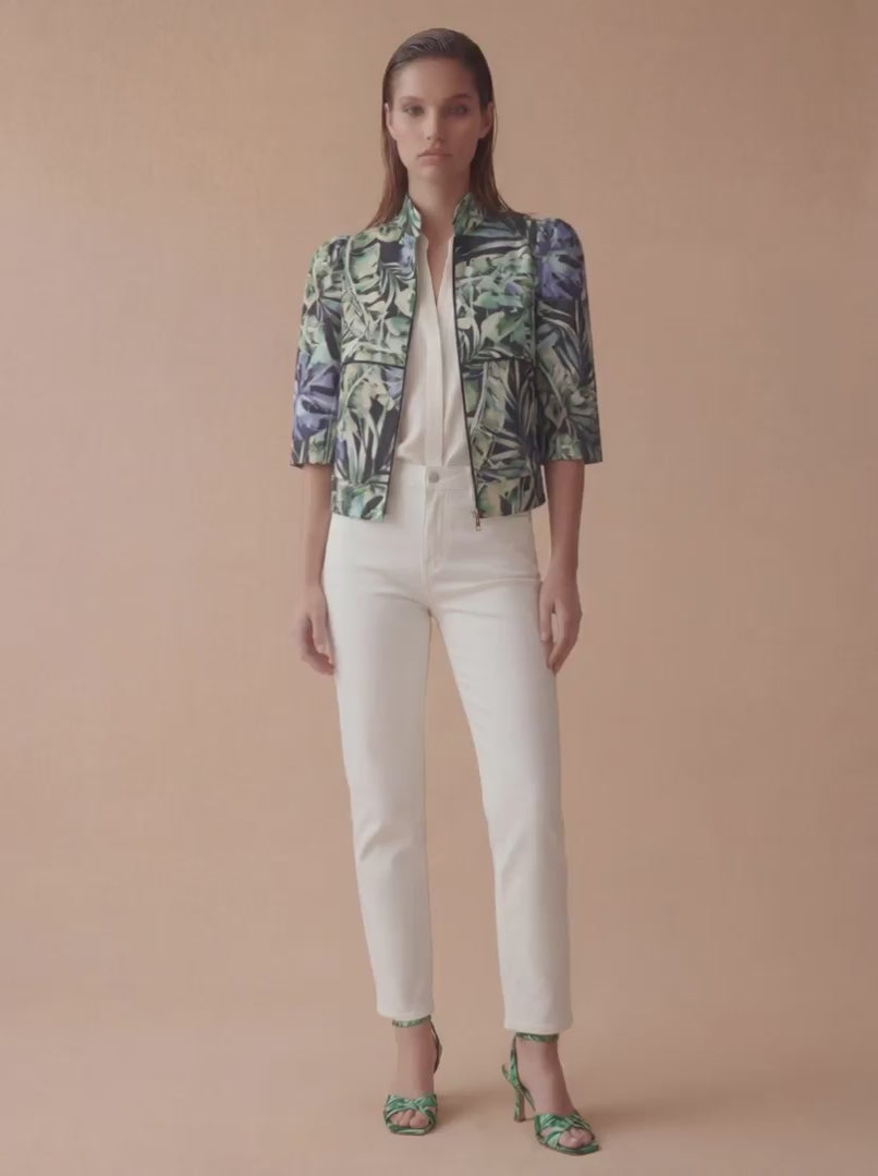 Tropical print cotton and linen three-quarter puff sleeve jacket
