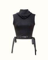 Haut Noir en jersey à col montant Haut avec cordon en satin-Hauts Crop Top- T-shirt noir-EMDORIA PARIS